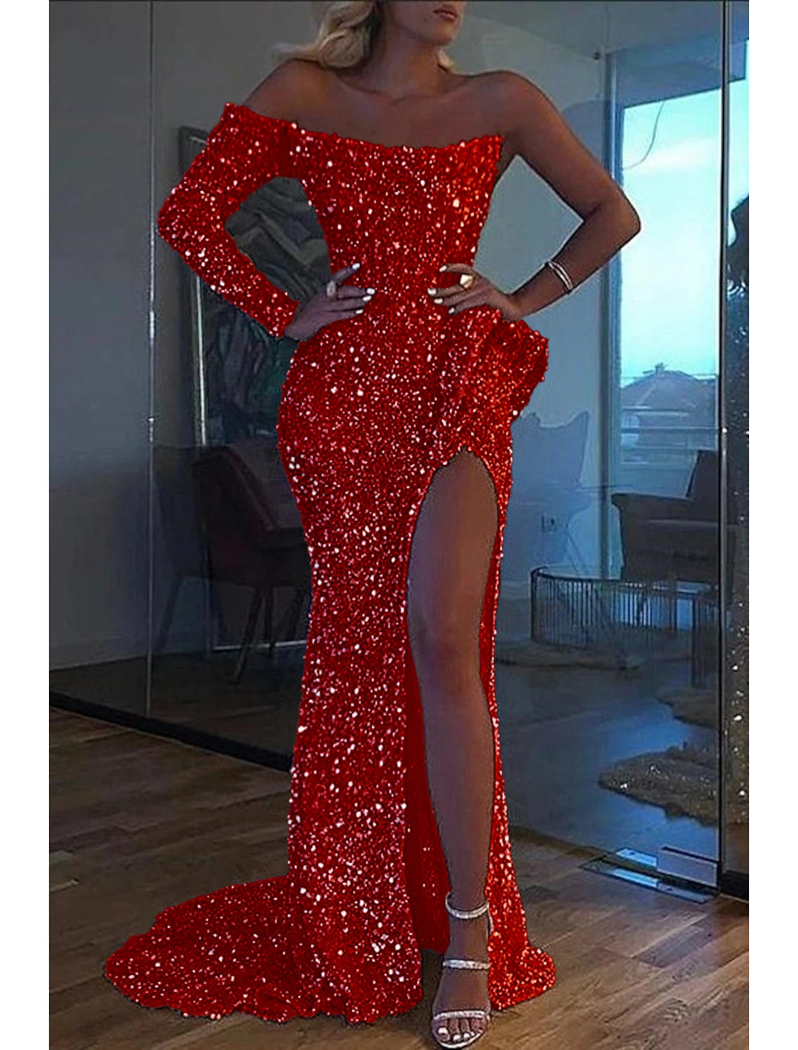 Mermaid Dress Evening Gown Christmas Red Green Dress Formal Wedding Court Train Long Sleeve One Shoulder Sequined with Sequin Slit 2025